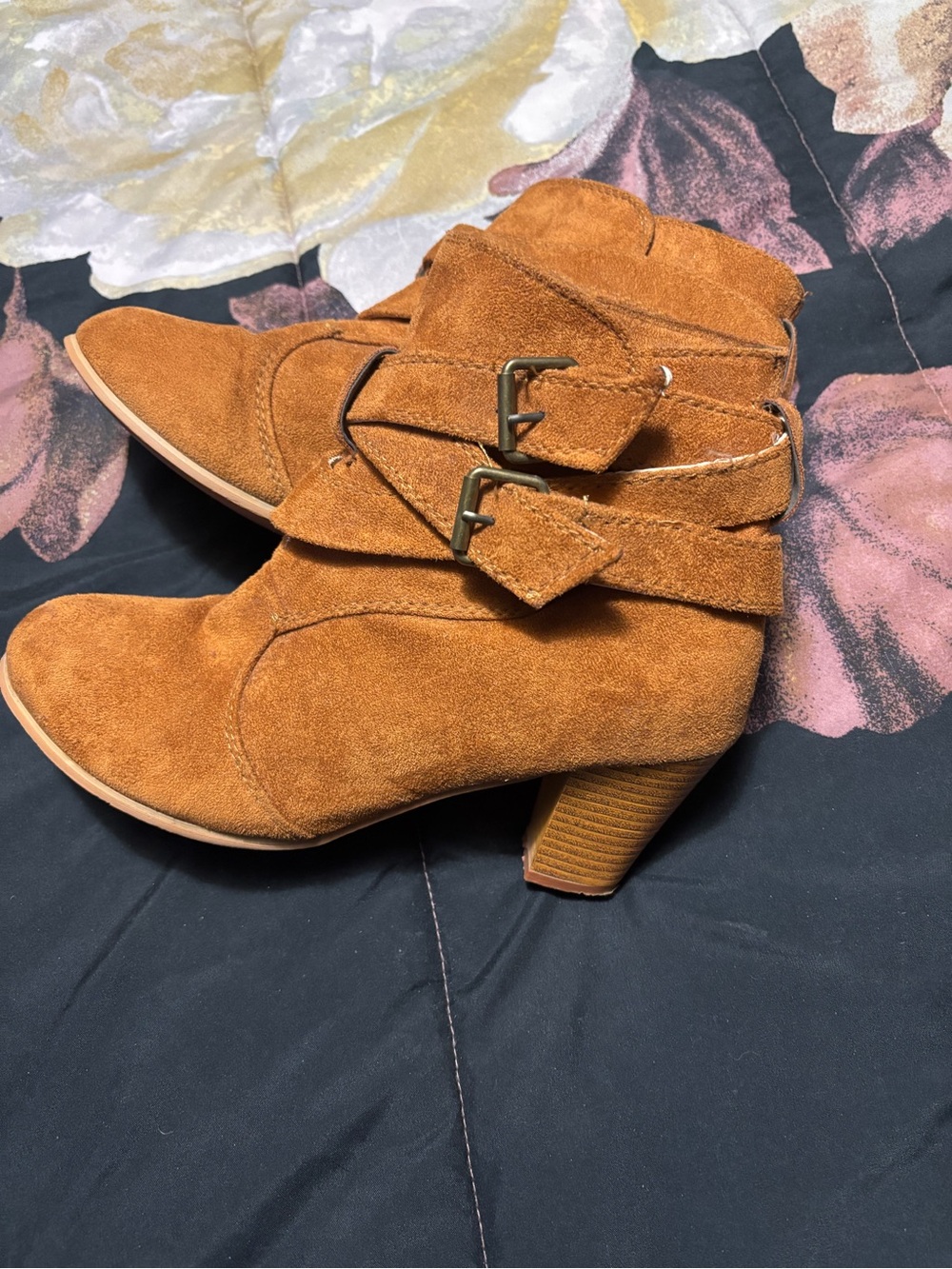 Suede Buckle Ankle Booties in Tan size 10